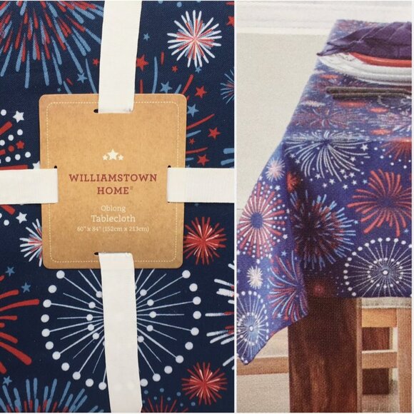 Williamstown 4th of July Fireworks Tablecloth 60x84 Easy Care Blue Red White - Picture 1 of 9